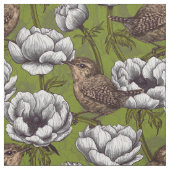 Wrens im weißen Anemonengarten Stoff (Muster)