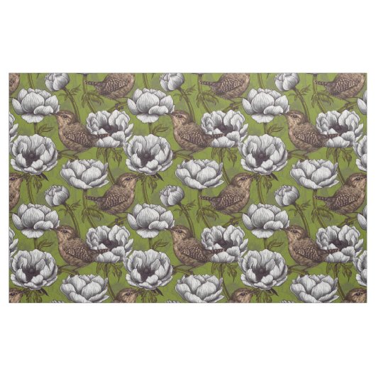 Wrens im weißen Anemonengarten Stoff (Fat Quarter (45,7 x 55,9 cm))