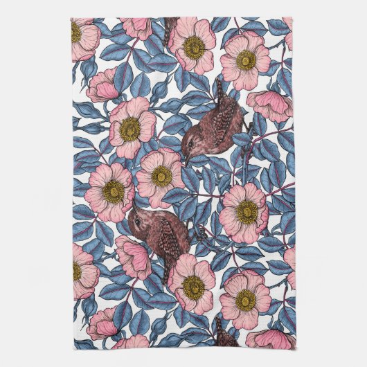 Wrens in den Rose Geschirrtuch (Vertikal)
