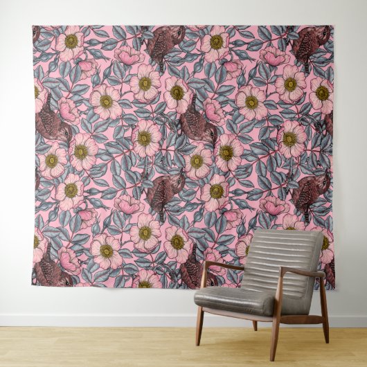 Wrens in den Rose Wandteppich (Beispiel (Horizontal))