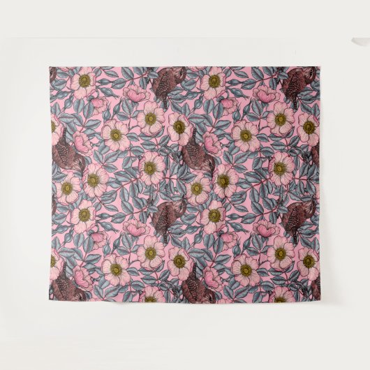 Wrens in den Rose Wandteppich (Vorderseite (Horizontal))