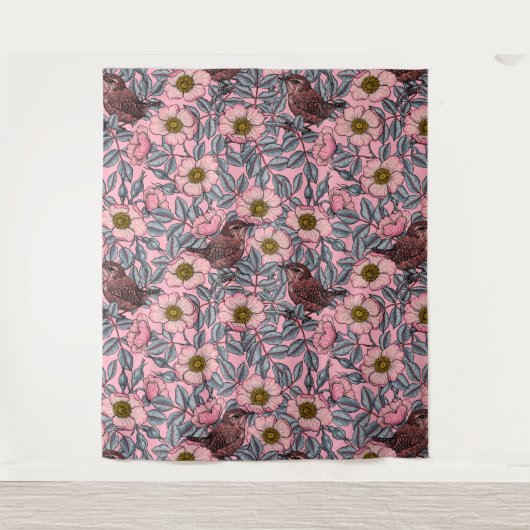 Wrens in den Rose Wandteppich (Vorderseite)