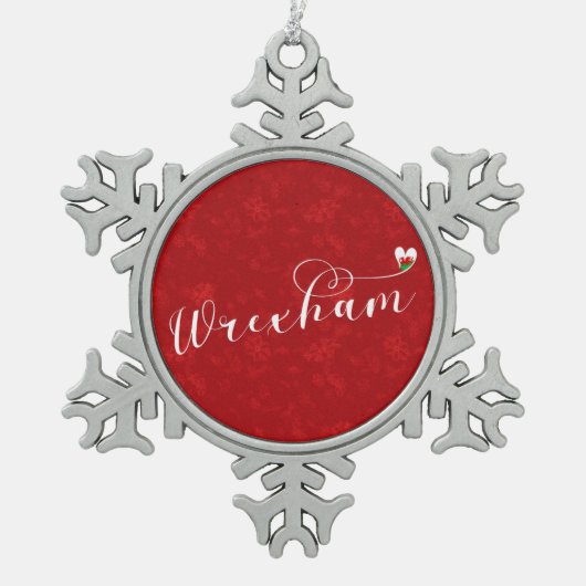 Wrexham Script Schriftart, walisische Flagge im He Schneeflocken Zinn-Ornament (Vorderseite)