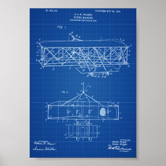Wright Brothers Flugzeugpatent - Blueprint Poster (Vorne)