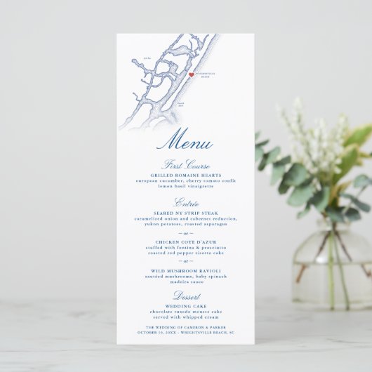 Wrightsville Beach Map Elegant Navy Blue Wedding Menükarte (Stehend Vorderseite)