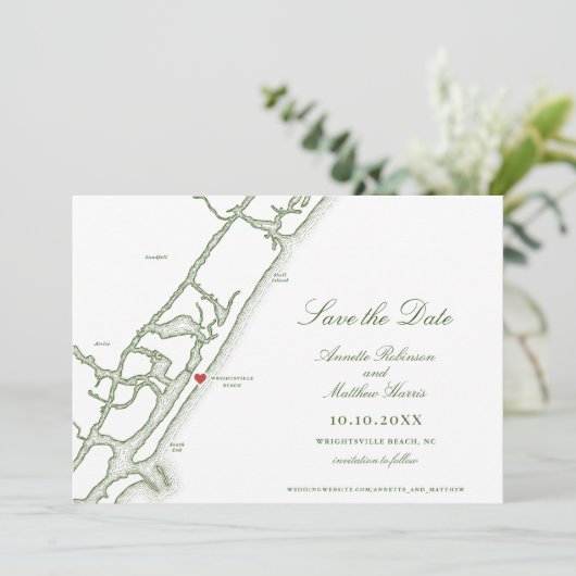 Wrightsville Beach NC Karte Forest Green Wedding (Stehend Vorderseite)