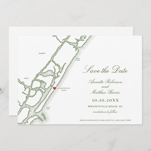 Wrightsville Beach NC Karte Forest Green Wedding (Vorne/Hinten)