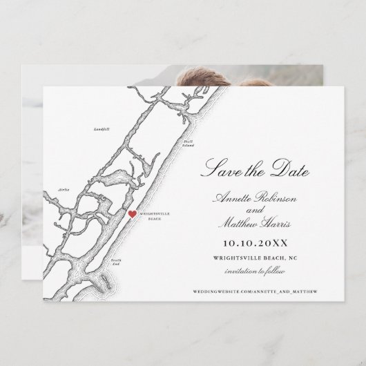 Wrightsville Beach NC Karte Schwarz-Weiß Hochzeit (Vorne/Hinten)