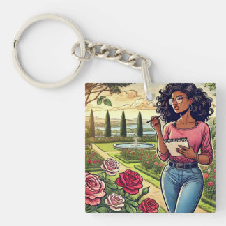 Writer in rose garden keychain schlüsselanhänger