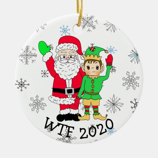 WTF 2020 Santa und Elf in Facemask Keramik Ornament (Vorne)