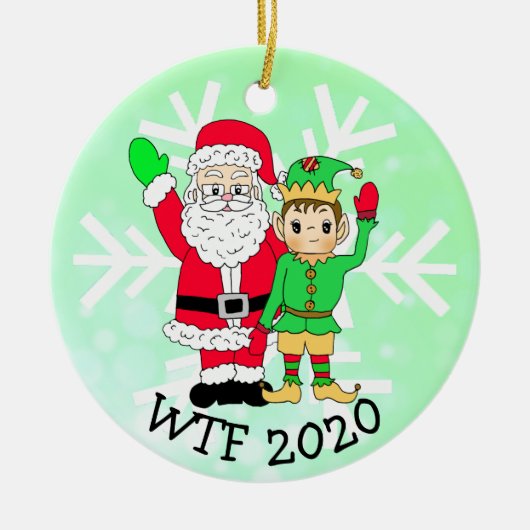 WTF 2020 Santa und Elf in Facemask Keramik Ornament (Vorne)