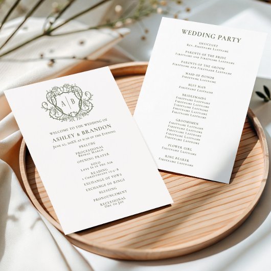 Wuchernden Rosen-Sage-Crest-Monogramm-Hochzeit Programm