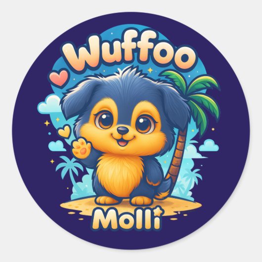 Wuffoo Molli Cute Kawaii Puppy Tropical Island Runder Aufkleber (Vorderseite)