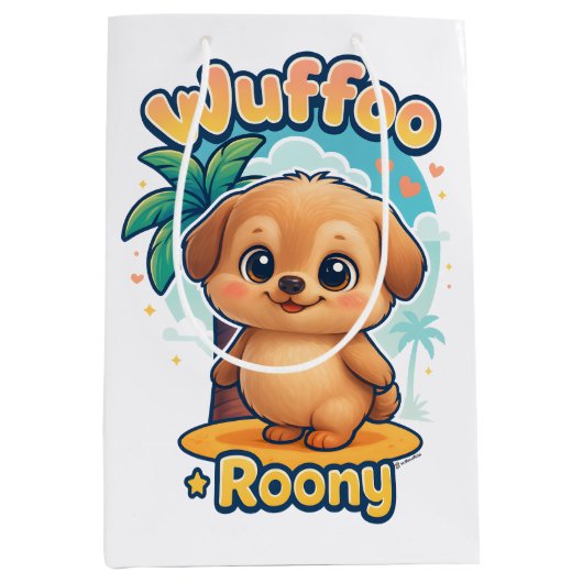 Wuffoo Roony Cute Kawaii Puppy Tropical Island  Mittlere Geschenktüte (Vorderseite)