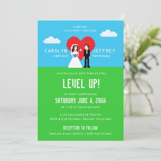Wunderbar Nerdy 8-Bit Hochzeitseinladungen Save The Date (Stehend Vorderseite)