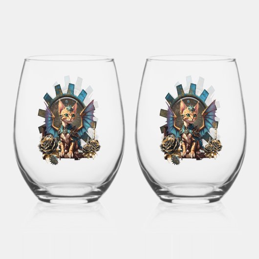 Wunderbare Fantasiesteampunkatze. Weinglas Ohne Stiel (Vorderseite)