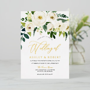 Wunderbare Hochzeit: Weiße blühende Blume Golden Folieneinladung