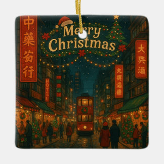 Wunderbare Weihnachtsstraßen in Hongkong Keramikornament