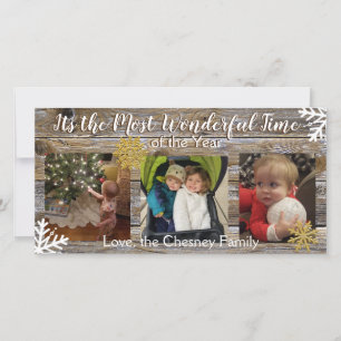 Wunderbare Zeit des Jahres Schneeflocken und Holz Karte