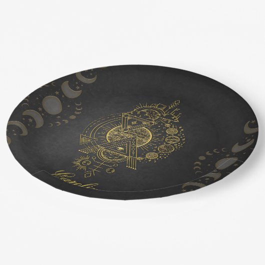 Wunderbarer goldener Fantasieplanet und Mond Pappteller (Schrägansicht)