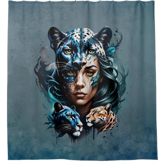 Wunderbarer Hybrid einer Frau und eines Panters Duschvorhang (Vorderseite)