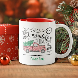 Wunderbarste Zeit des Jahres roter LKW Weihnachten Zweifarbige Tasse