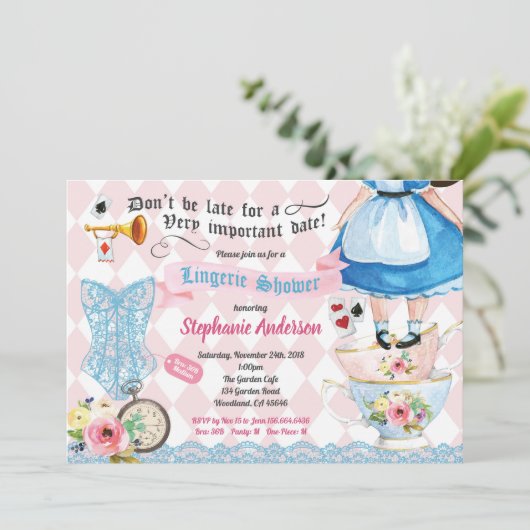 Wunderland Dessous Dusche Brautparty pink blau Einladung (Stehend Vorderseite)