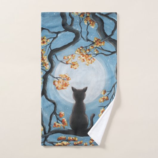Wunderliche Katze in der Baum-Vollmond-Malerei Badhandtuch Set (Handtuch)
