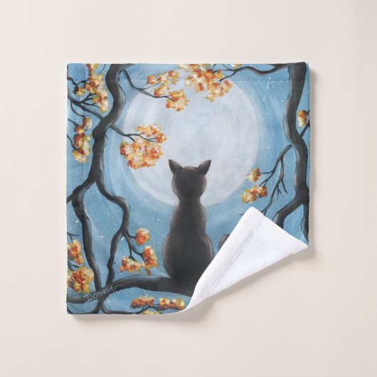 Wunderliche Katze in der Baum-Vollmond-Malerei Badhandtuch Set (Waschlappen)