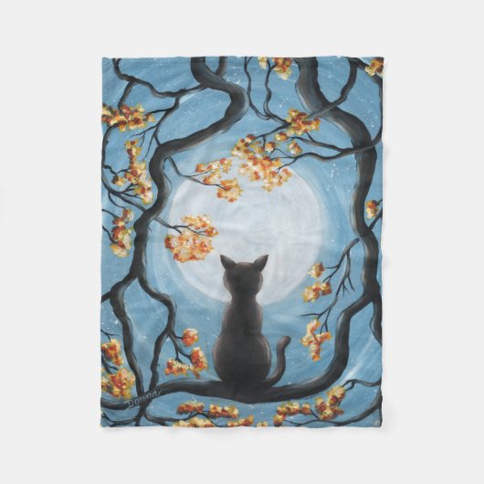 Wunderliche Katze in der Baum-Vollmond-Malerei Fleecedecke (Vorderseite)