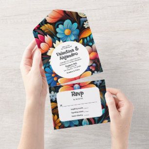 Wunderliche Wasserfarben-Blumen-Fiesta mit abreißb All In One Einladung