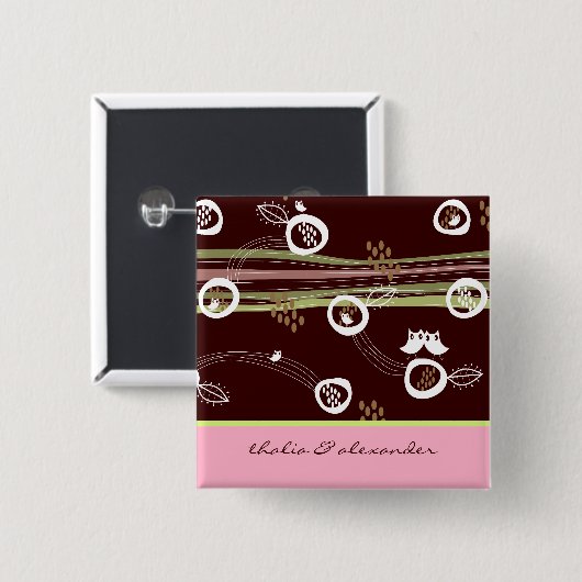 Wunderlicher Waldeulen-Familien-Hochzeits-Knopf Button (Vorne & Hinten)