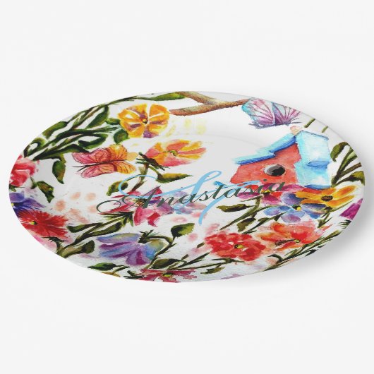 WUNDERLICHES GARTEN-VOGEL-HAUS-MONOGRAMM-PARTY PAPPTELLER (Schrägansicht)