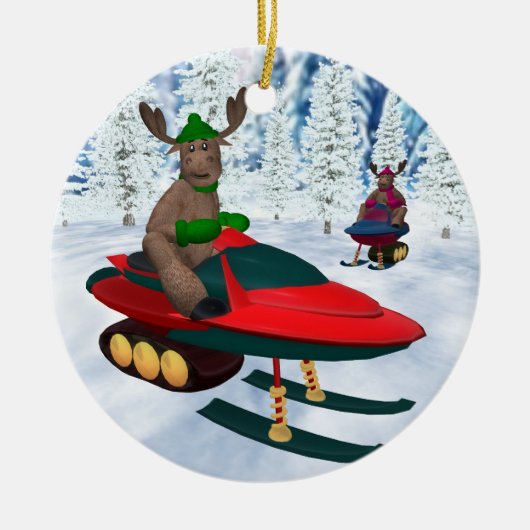 Wunderliches Ren auf Snowmobiles Keramik Ornament (Vorne)