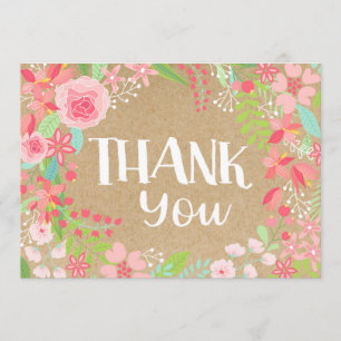 Wunderliches rosa BlumenKranz-Braunes Packpapier Dankeskarte