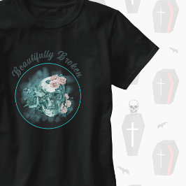 Wunderschön gebrochener Türkis-Schädel mit Rosen T-Shirt