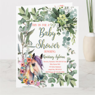 Wunderschöne Aquarell-Blumen-Pferd-Baby-Party Karte