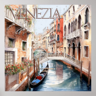 Wunderschöne Aquarell-Venedig-Kanal-Reise Poster