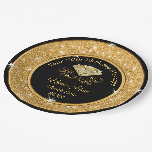 Wunderschöne Black and Gold 70th Birthday Paper Te Pappteller (Schrägansicht)