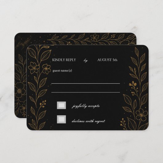 Wunderschöne Black and Gold Wedding RSVP Card (Vorne/Hinten)