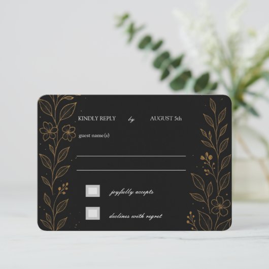 Wunderschöne Black and Gold Wedding RSVP Card (Stehend Vorderseite)