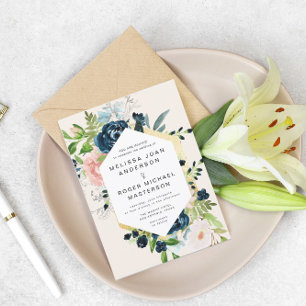 wunderschöne blaue goldene florale Hochzeitseinlad Einladung