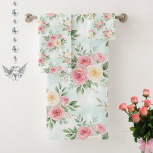 Wunderschöne Blumen in Pastellfarben auf Hellblau Badhandtuch Set