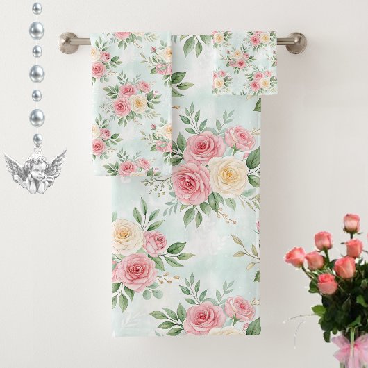 Wunderschöne Blumen in Pastellfarben auf Hellblau Badhandtuch Set