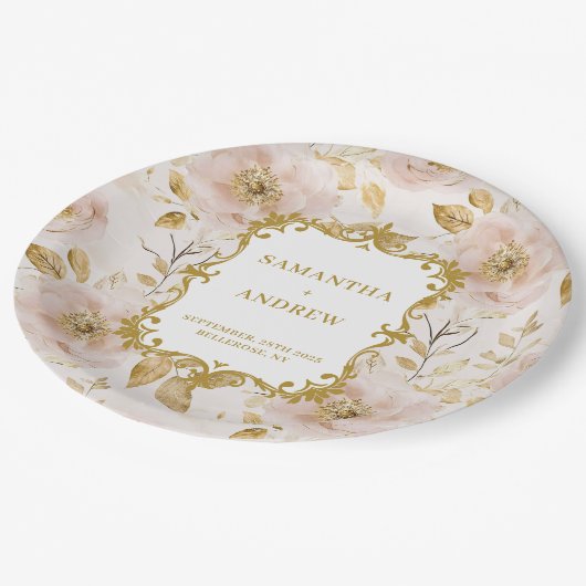 Wunderschöne Blush Gold Hochzeitspapier-Teller Pappteller (Schrägansicht)