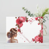 Wunderschöne Braut mit rosa Rosen Herz Einladung (Stehend Vorderseite)