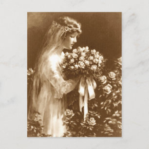 Wunderschöne Braut mit Rosenstrauß Postkarte