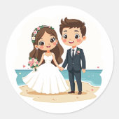 Wunderschöne Chibi Bridge and Groom - Beach Scene Runder Aufkleber (Vorderseite)