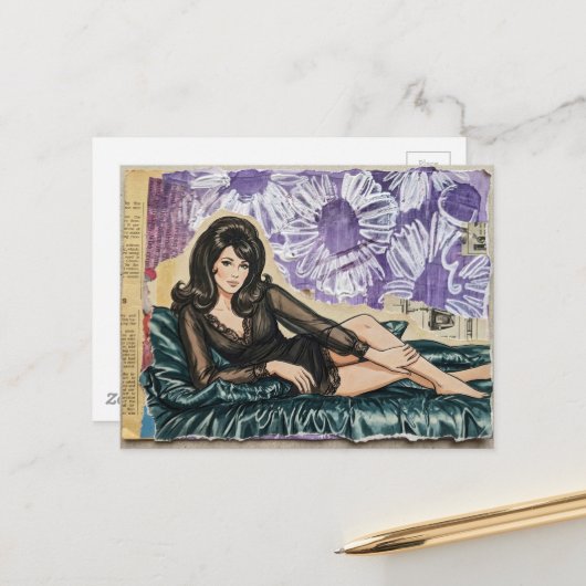 Wunderschöne Dame von 1969 lila Blumen Collage Postkarte (Vorderseite/Rückseite Beispiel)