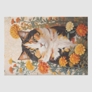 Wunderschöne dreifarbige Katze mit Ringelblumen Seidenpapier
